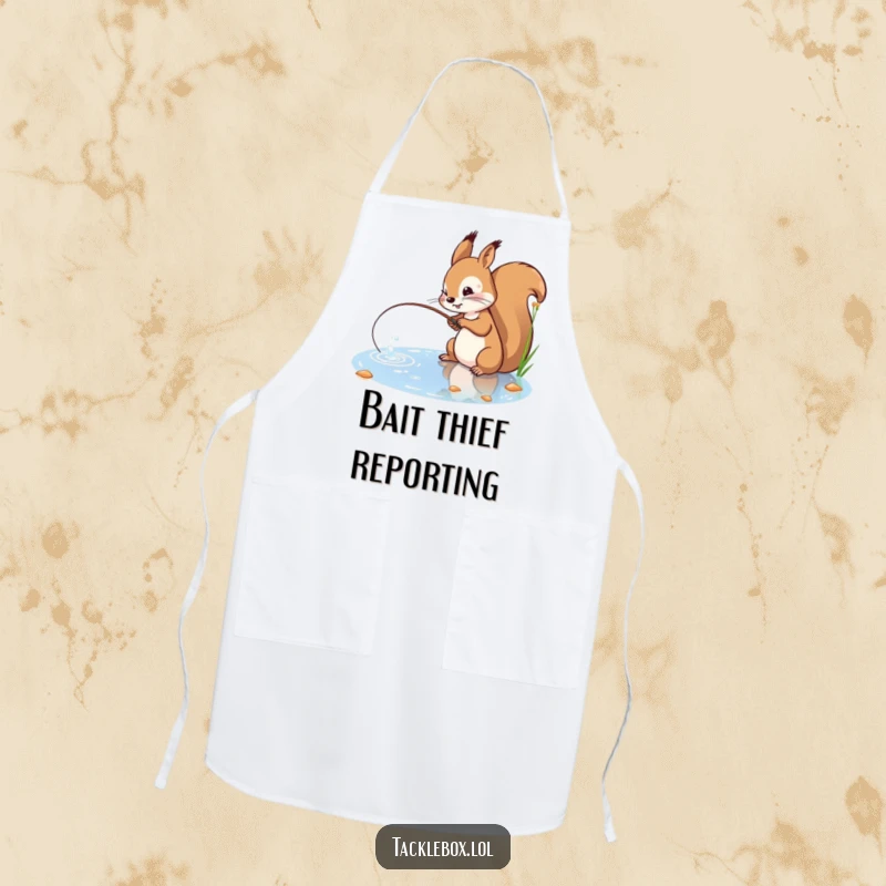 Funny apron with a playful squirrel with a determined expression, casting a fishing line into a sparkling pond.