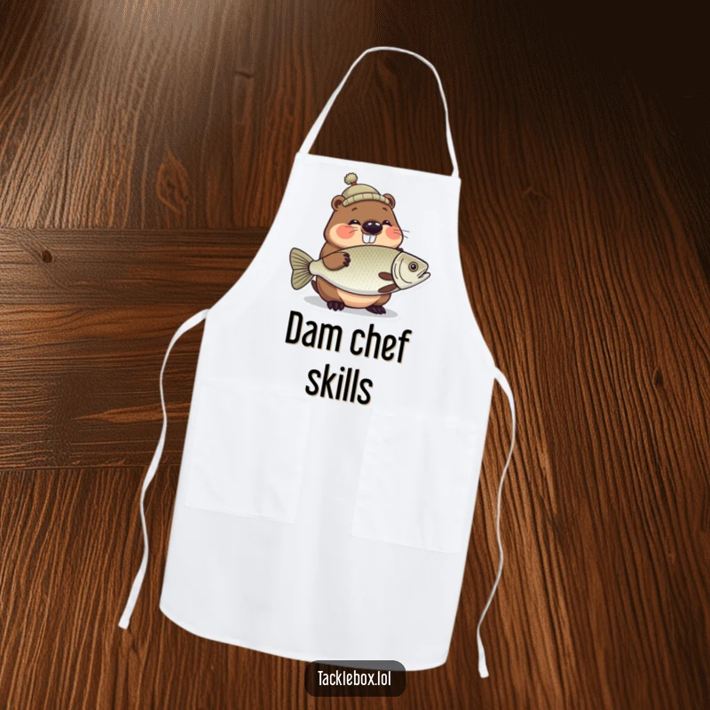 Funny apron with a giggling beaver wearing a tiny hat, proudly holding a large, shiny fish.