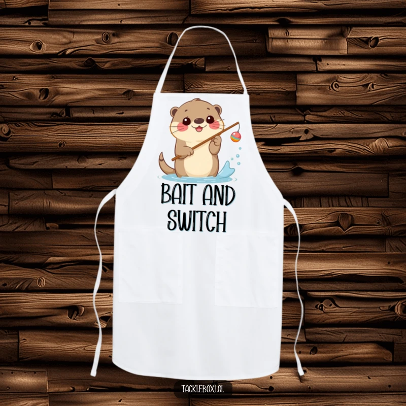Funny apron with a happy otter holding a fishing rod with a cheerful bobber, splashing water.