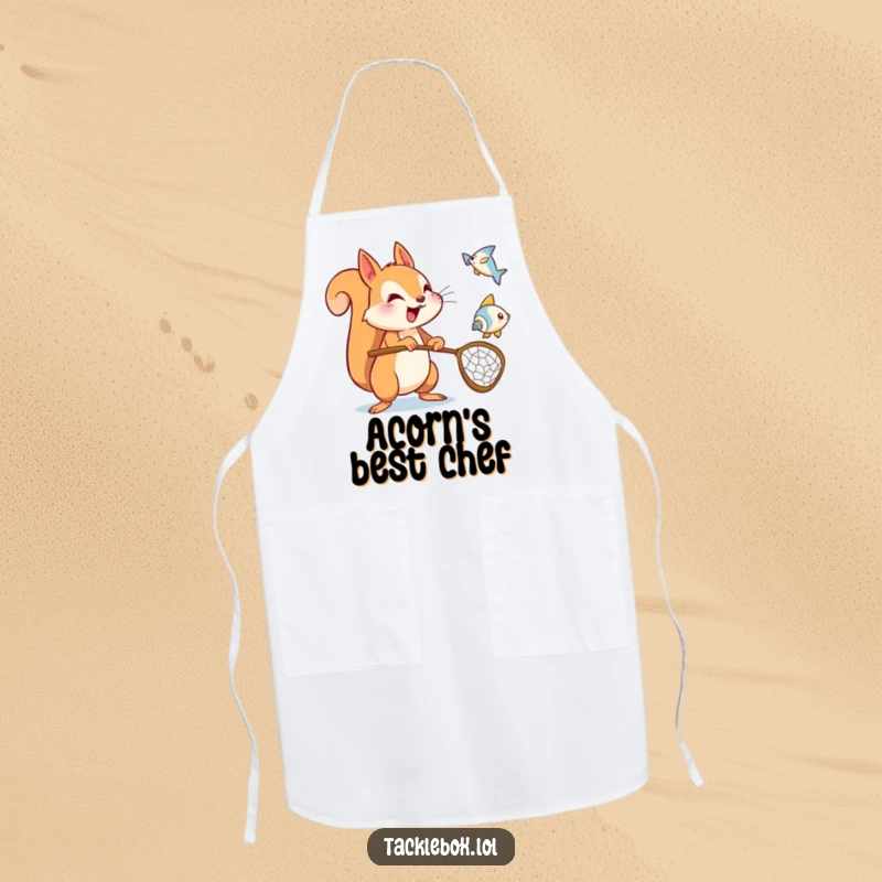 Funny squirrel apron, energetic character holding a net, trying to catch a flying fish icon, offering energetic humor.