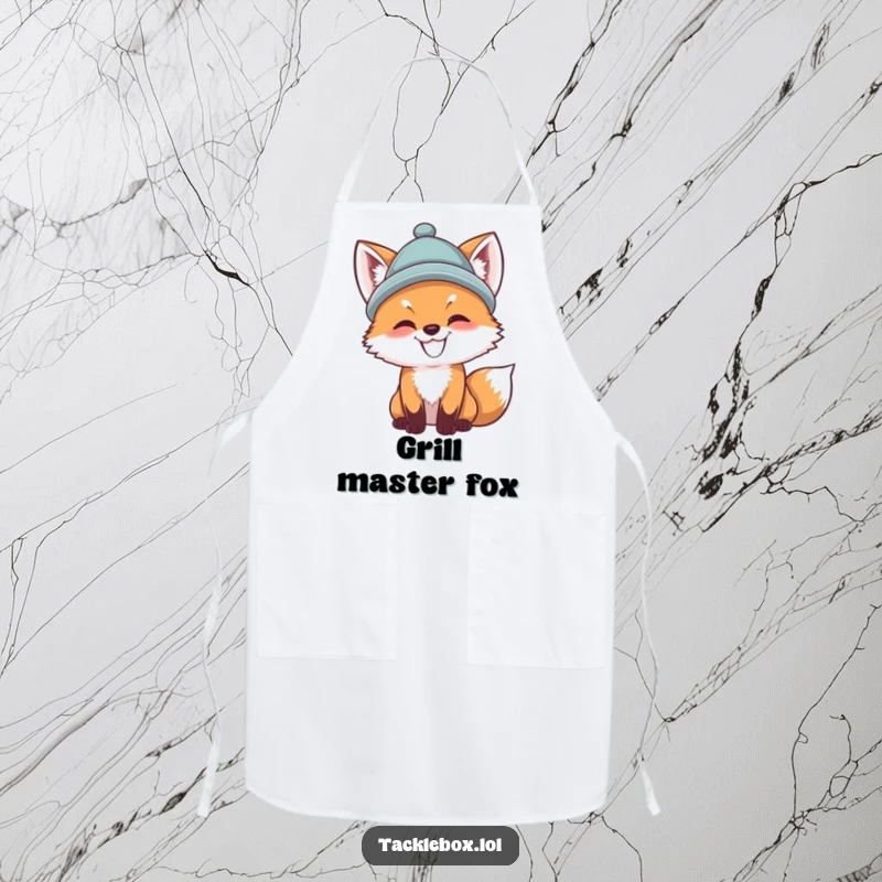 Funny fox cub apron, wearing a hat, determinedly casting a fishing line, offering dapper humor and kitchen protection.