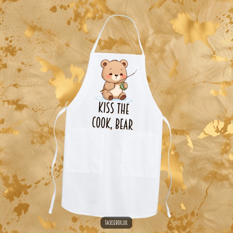 Funny bear cub apron, cute cub fishing with determination, offering humorous protection for chefs and home cooks.