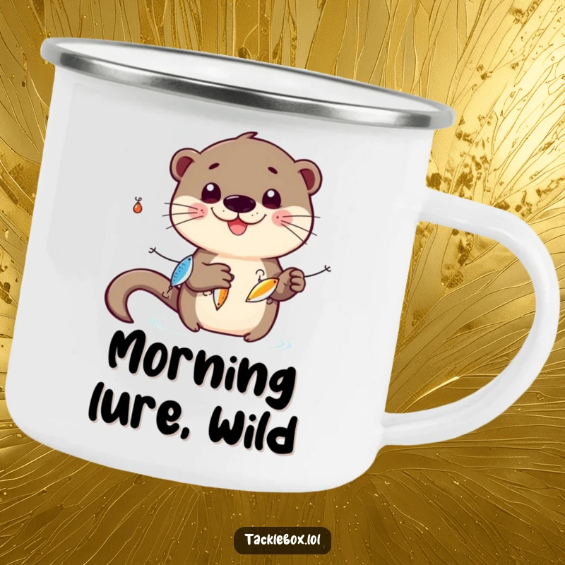 Funny otter camping mug, smiling character juggling three shiny fishing lures, for outdoor enjoyment and playful humor.