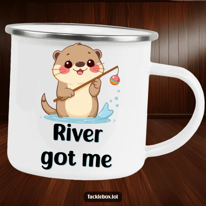 Funny camping mug of a happy otter holding a fishing rod with a cheerful bobber, splashing water.