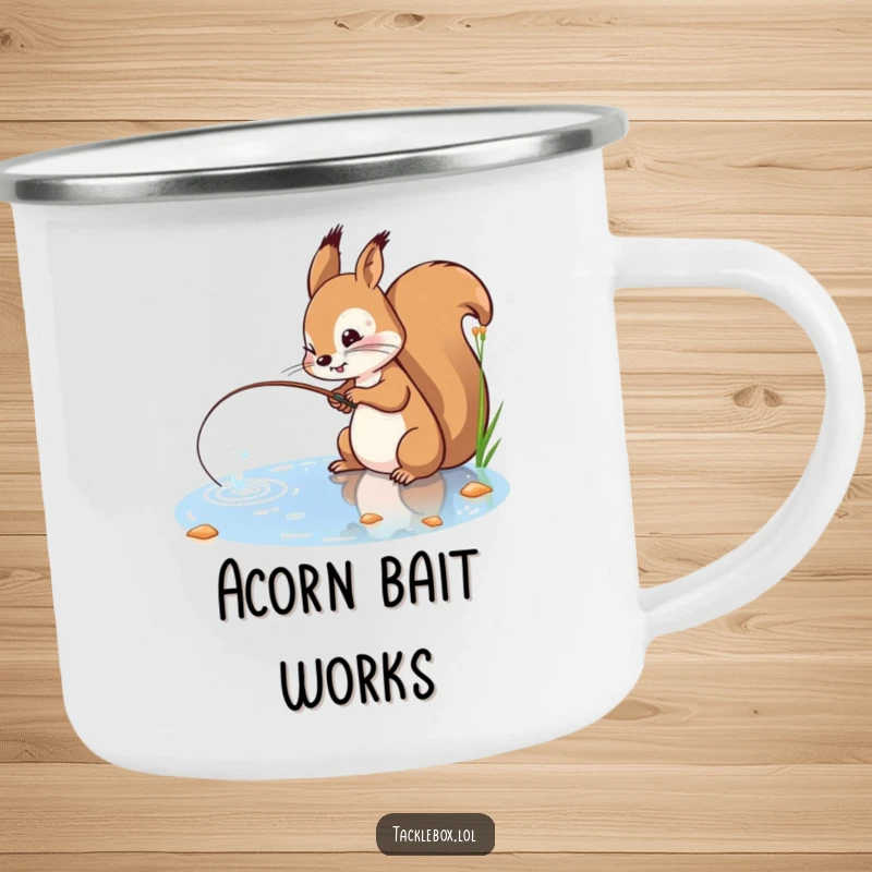 Funny camping mug of a playful squirrel with a determined expression, casting a fishing line into a sparkling pond.