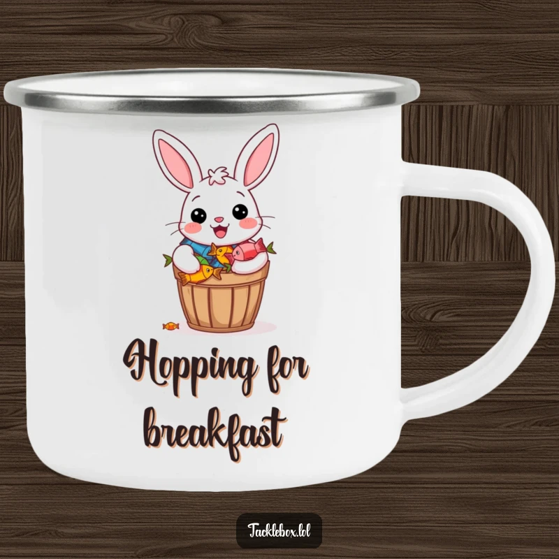 Funny camping mug of a cheerful bunny beaming proudly with a bucket overflowing with colorful fish.