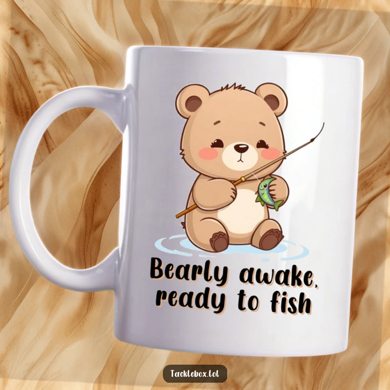 Funny bear cub mug, proudly reeling in a shimmering fish with a tiny fishing rod, evoking angler joy and adorable humor.