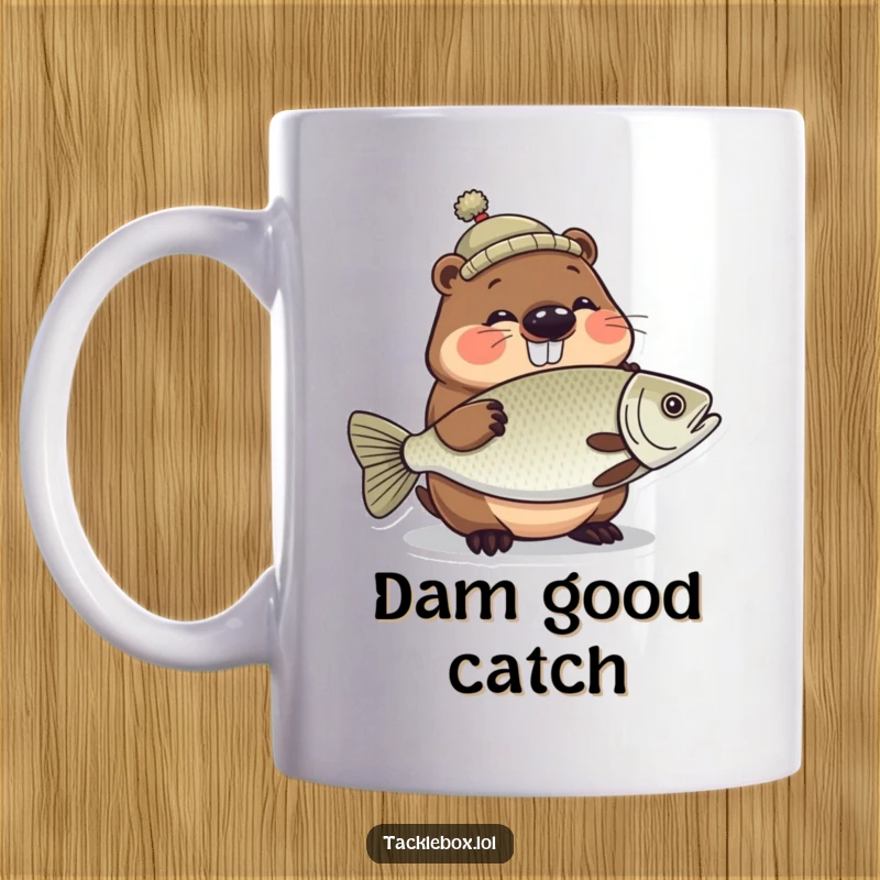 Funny beaver mug, wearing a tiny hat, proudly holding a large, shiny fish, with a giggling expression.