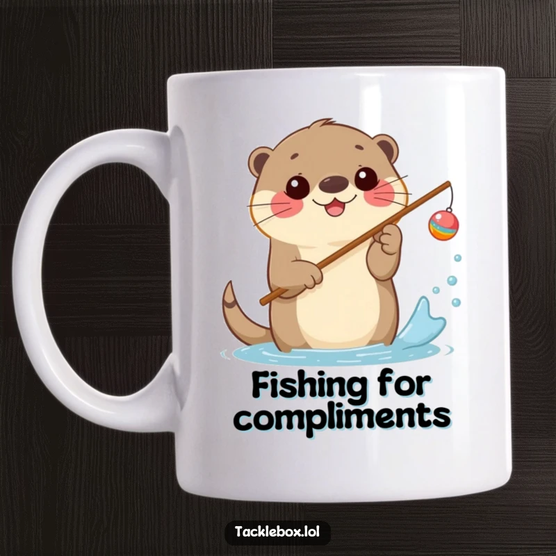 Funny otter mug, happily fishing with a rod and bobber, splashing water with excitement.