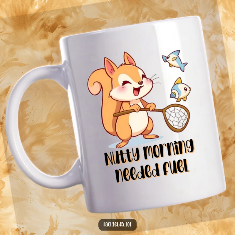 Funny squirrel mug, energetic character holding a net, excitedly trying to catch a flying fish icon with determination.