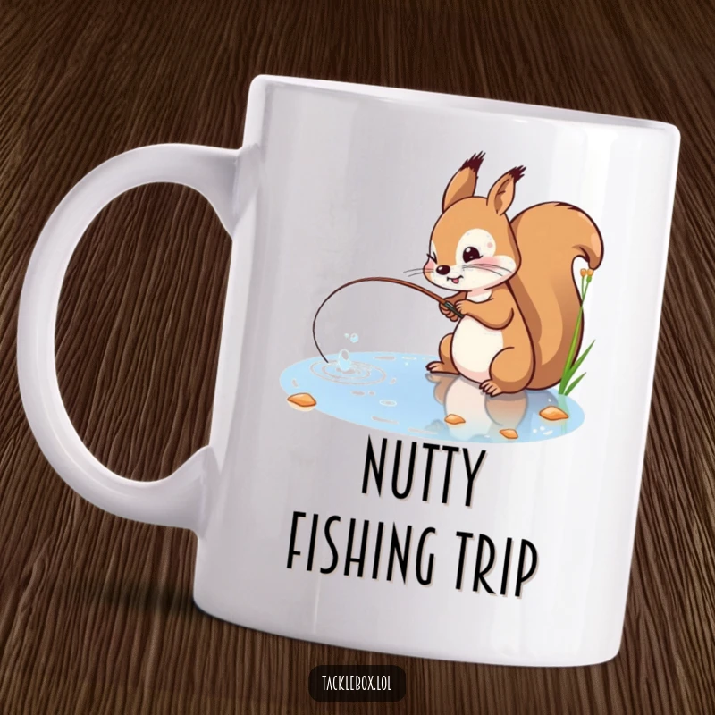 Funny squirrel mug, with a determined expression, casting a fishing line into a sparkling pond.