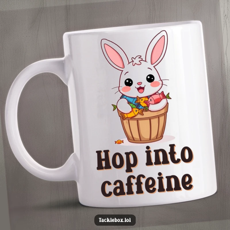 Funny bunny mug, beaming proudly, with a bucket overflowing with colorful fish.