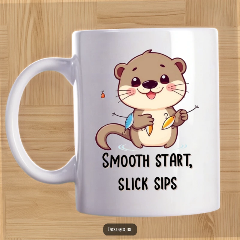Funny otter mug, smiling character, playfully juggling three small, shiny fishing lures with charming skill.
