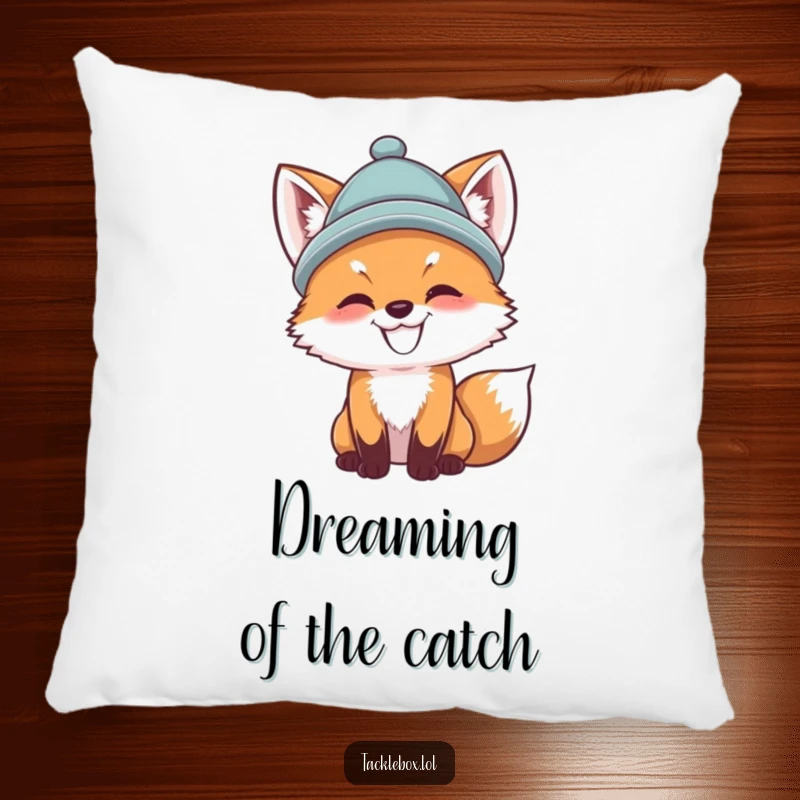 Funny fox cub pillow, cute cub wearing a hat, casting a fishing line, offering cozy humor and stylish decor.