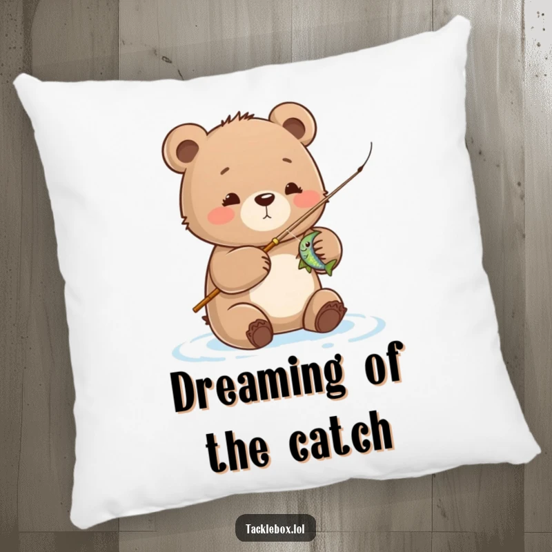 Funny bear cub pillow, cute cub reeling in a fish, providing humorous comfort and charming decor for any room.