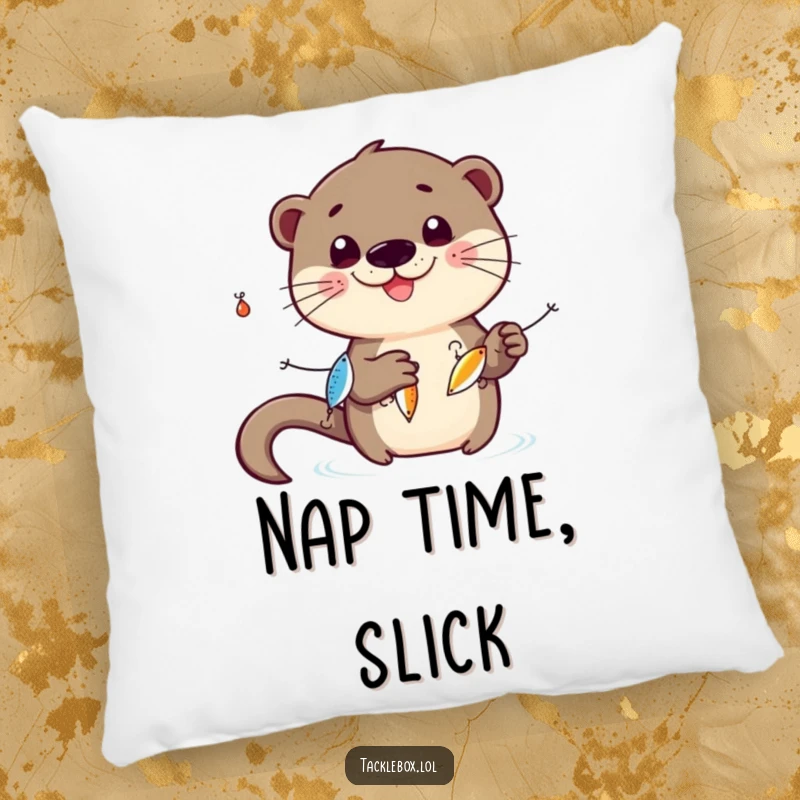 Funny otter pillow, smiling character juggling three shiny fishing lures, offering cozy humor and playful decor.