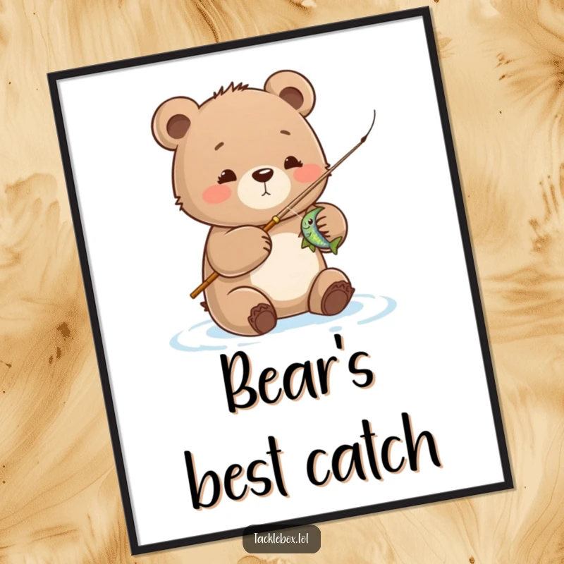 Funny bear cub fishing digital art print, cute cub reeling in a fish, ideal for joyful and humorous home decor.