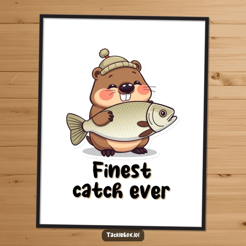 Funny digital art print of a giggling beaver wearing a tiny hat, proudly holding a large, shiny fish.