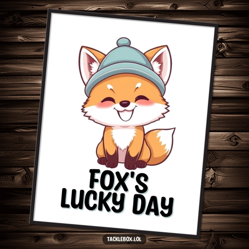 Funny fox cub fishing digital art print, dapper cub wearing a hat, casting a fishing line, ideal for stylish decor.