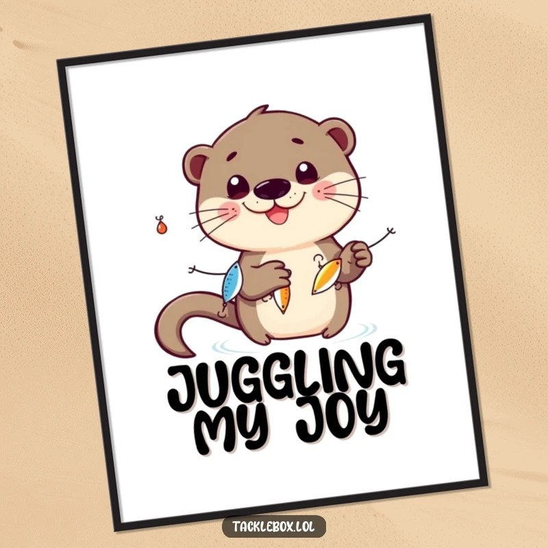 Funny otter juggling digital art print, smiling character juggling three shiny fishing lures, for playful decor.