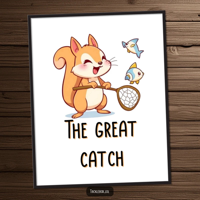 Funny squirrel fish digital art print, energetic character holding a net, catching a flying fish icon, for energetic decor.