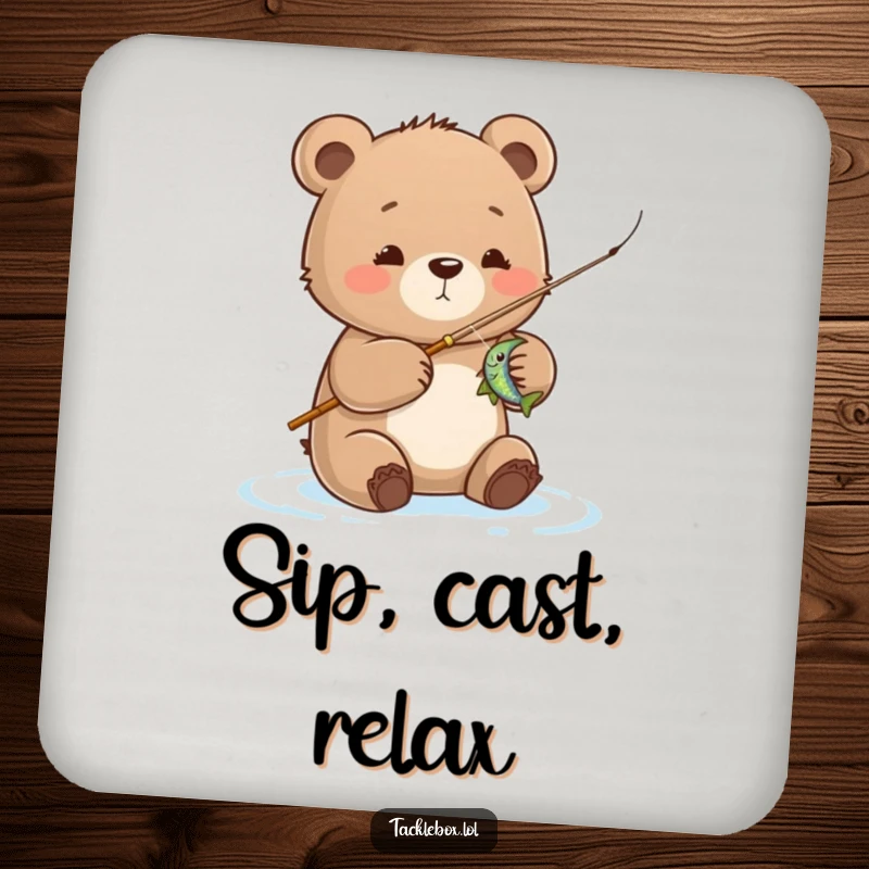 Funny bear cub drink coaster, cute cub reeling in a fish, protecting surfaces with charming angler humor.