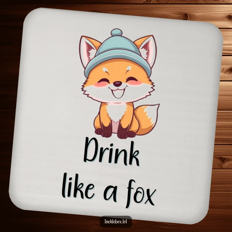 Funny fox cub drink coaster, dapper cub wearing a hat, casting a fishing line, protecting surfaces with angler humor.