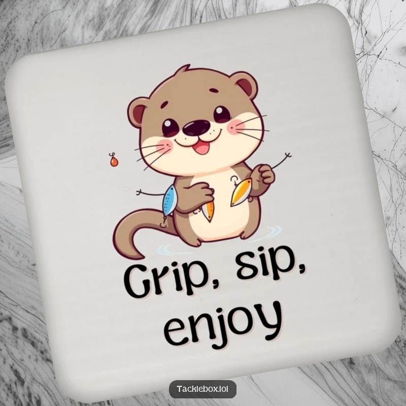 Funny otter drink coaster, smiling character juggling three shiny fishing lures, protecting surfaces with playful humor.