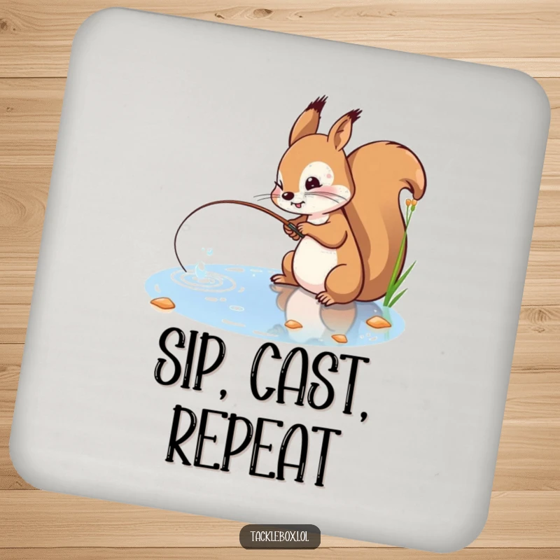 Funny drink coaster with a playful squirrel with a determined expression, casting a fishing line into a sparkling pond.