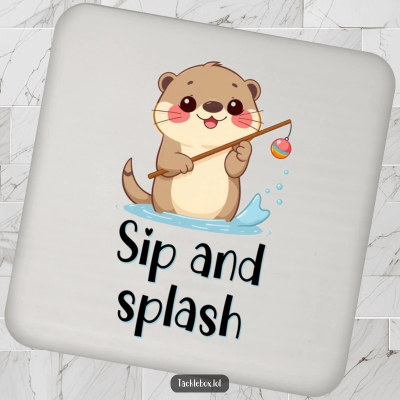 Funny drink coaster with a happy otter holding a fishing rod with a cheerful bobber, splashing water.