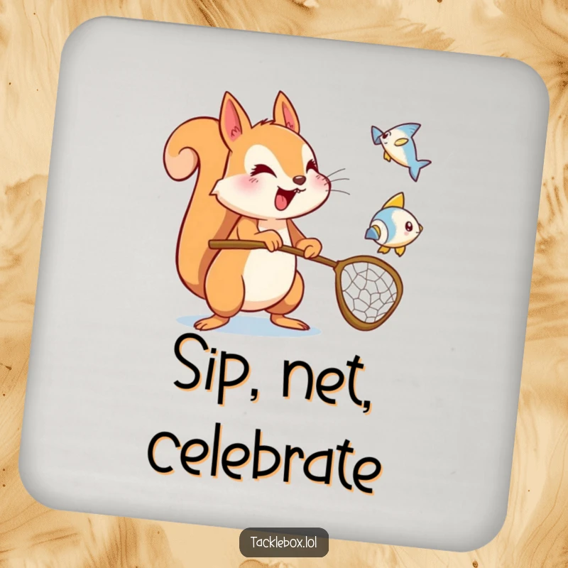 Funny squirrel drink coaster, energetic character holding a net, trying to catch a flying fish icon, for surface protection.