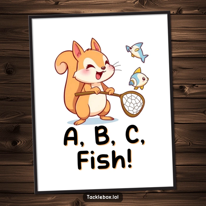 Funny squirrel poster, energetic character holding a net, excitedly trying to catch a flying fish icon, adding lively humor.