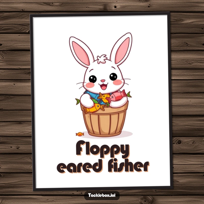 Funny poster of a cheerful bunny beaming proudly with a bucket overflowing with colorful fish.