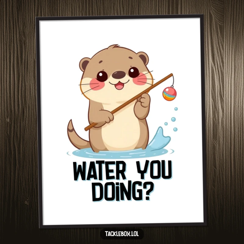 Funny poster of a happy otter holding a fishing rod with a cheerful bobber, splashing water.