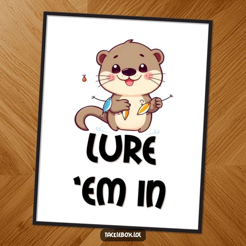 Funny otter poster, smiling character, juggling three shiny fishing lures, adding playful humor and artistic charm.