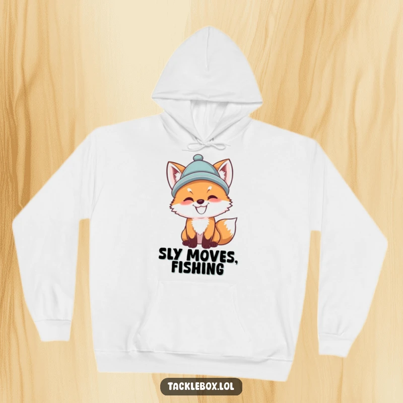 Funny fox cub hoodie, wearing a small hat, casting a fishing line with determination, offering cozy humor.