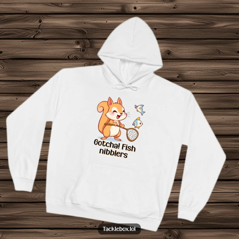 Funny squirrel hoodie, energetic character holding a net, excitedly trying to catch a flying fish icon, offering warm humor.