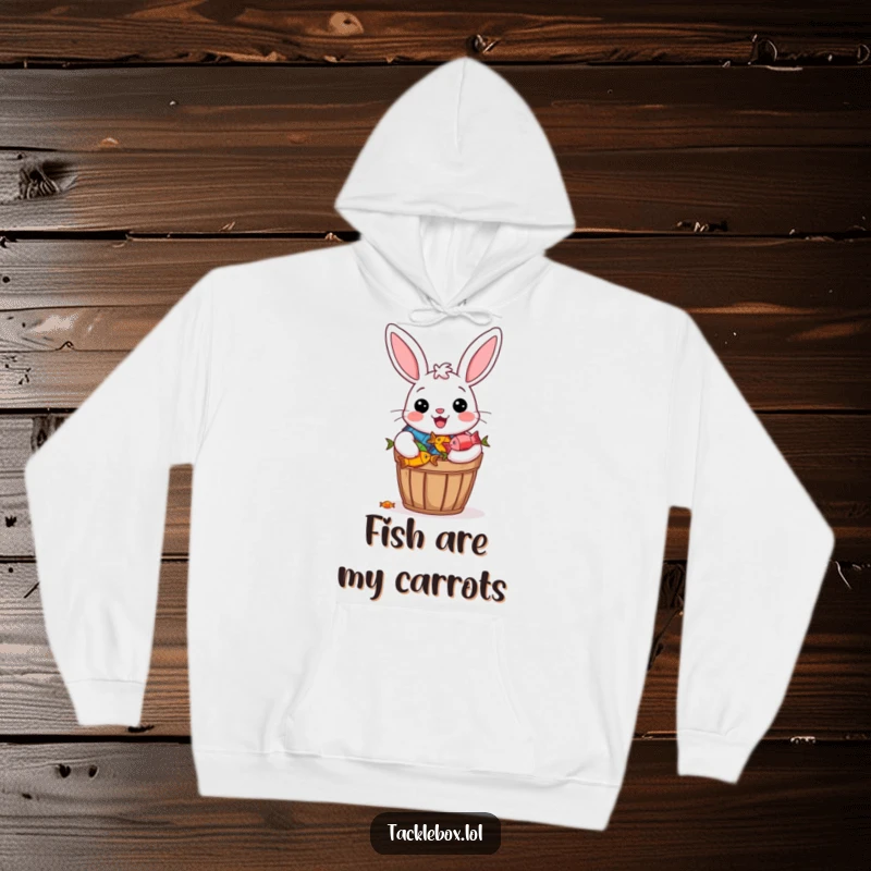 Funny hoodie featuring a cheerful bunny beaming proudly with a bucket overflowing with colorful fish.