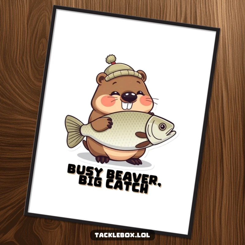 Funny Free Printable Wall Art: Giggling beaver with tiny hat proudly holds a large, shiny fish, adding charm to decor.