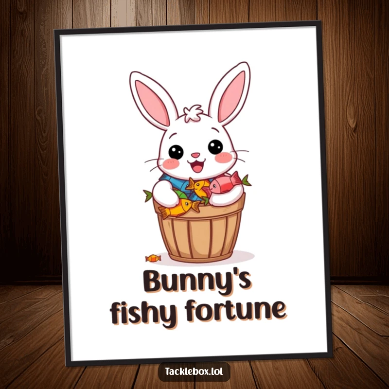 Funny Free Printable Wall Art: Cheerful bunny beams proudly holding a bucket overflowing with colorful fish, creating delightful decor.
