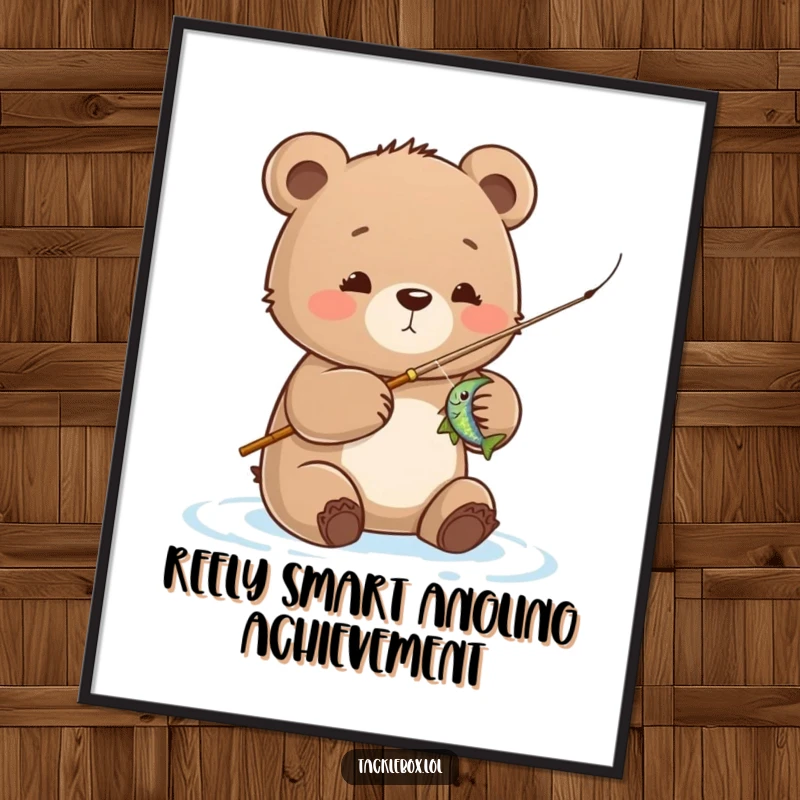 Funny Free Printable Wall Art: A cute bear cub proudly holds a tiny fishing rod, reeling in a shimmering fish.