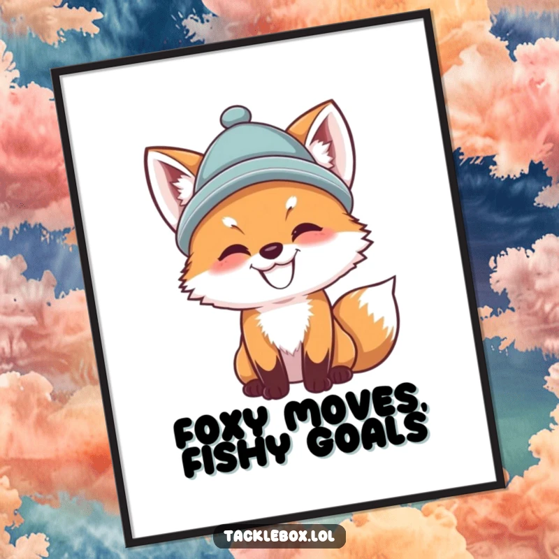 Funny Free Printable Wall Art: A grinning fox cub wearing a hat casts a fishing line with focus.