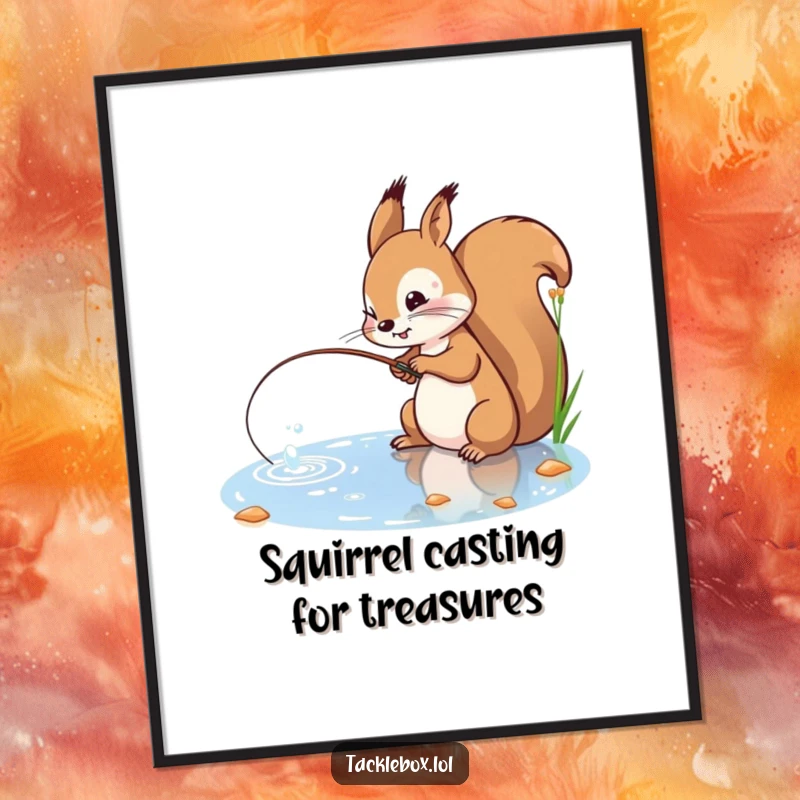 Funny Free Printable Wall Art: Playful squirrel with determined expression casts a fishing line into a sparkling pond, creating active decor.