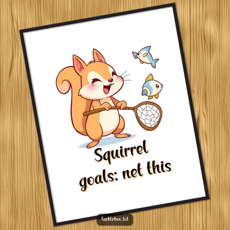 Funny Free Printable Wall Art: An energetic squirrel excitedly uses a net to try and catch a flying fish.