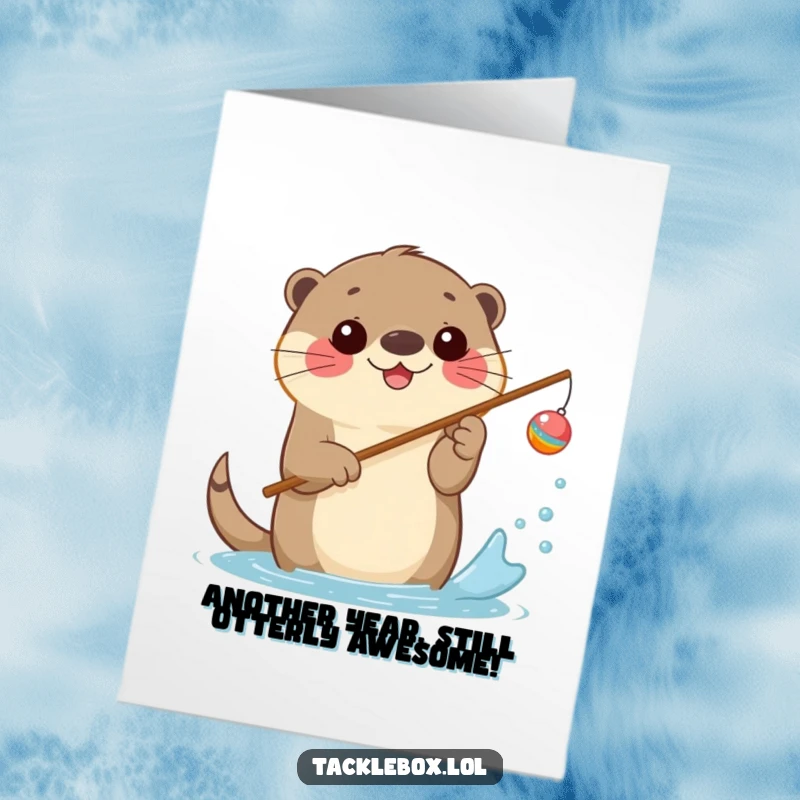 Funny Free Printable Birthday Card: Happy otter with fishing rod and cheerful bobber splashes water, celebrating a birthday.