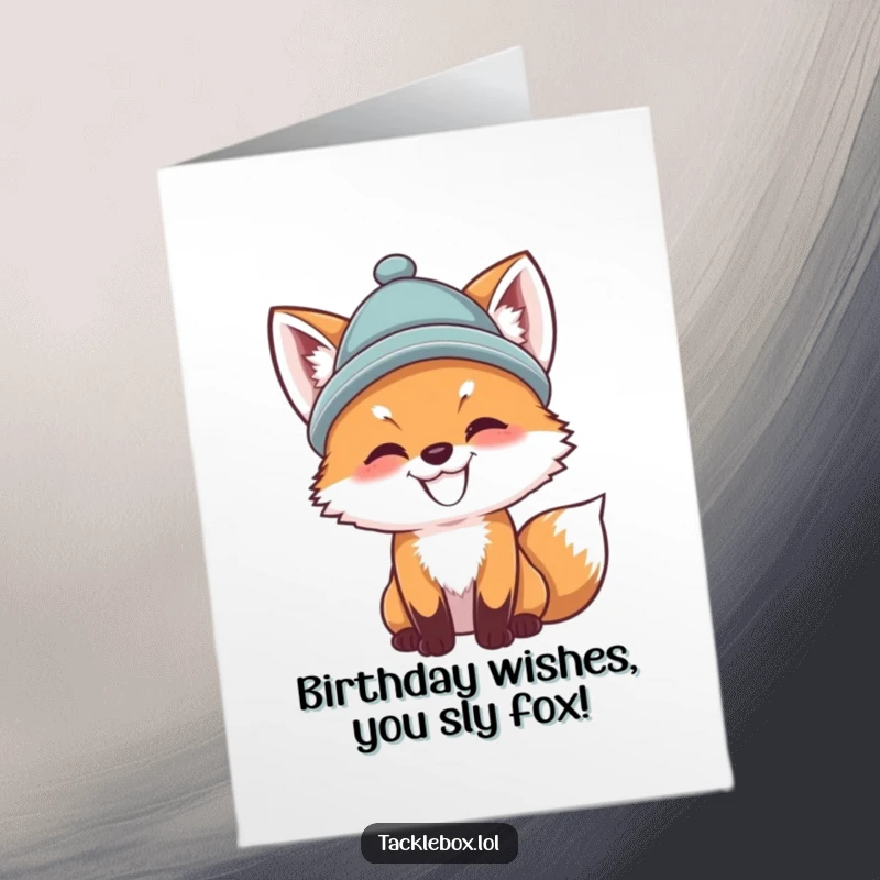 Funny Free Printable Birthday Card: A grinning fox cub in a hat determinedly casts a fishing line.