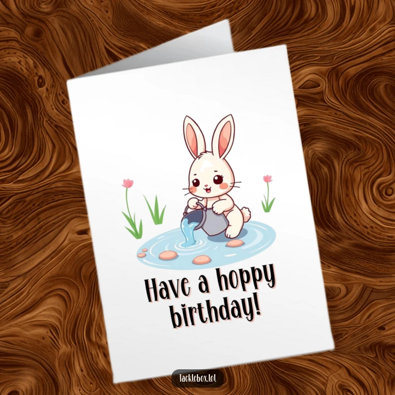 Funny Free Printable Birthday Card: A playful rabbit gleefully scoops water from a pond with a bucket.
