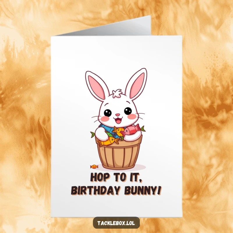Funny Free Printable Birthday Card: Cheerful bunny with a bucket overflowing with colorful fish beams proudly, wishing happy birthday.