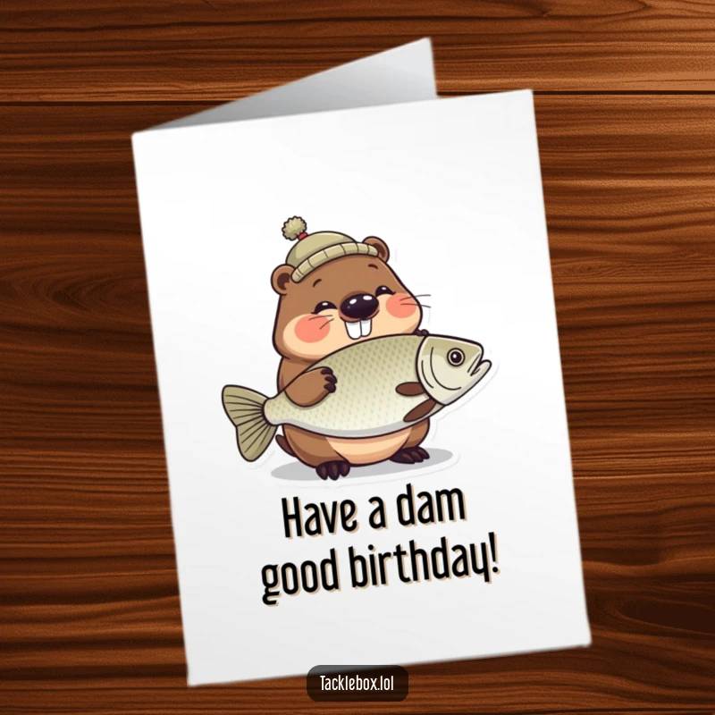 Funny Free Printable Birthday Card: Giggling beaver with tiny hat proudly holds a large, shiny fish, wishing happy birthday.