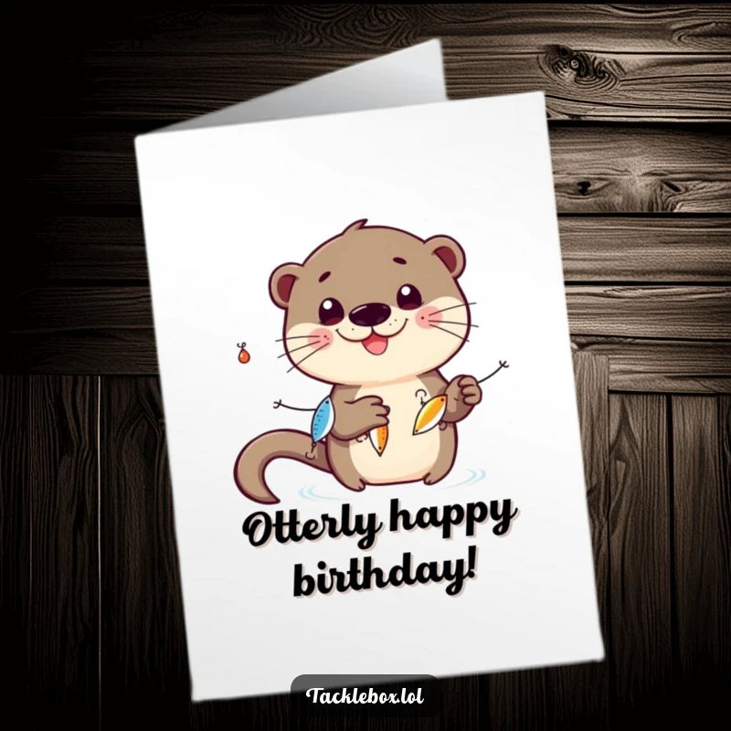Funny Free Printable Birthday Card: A smiling otter happily juggles three small, shiny fishing lures.